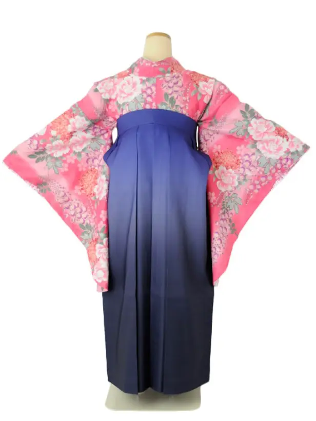 小学生卒業式袴女児 ピンク藤に菊×ブルーぼかし N050