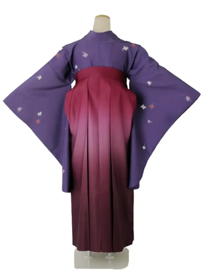 小学生卒業式袴女児 小紋小振袖パープル×ワインぼかし N053