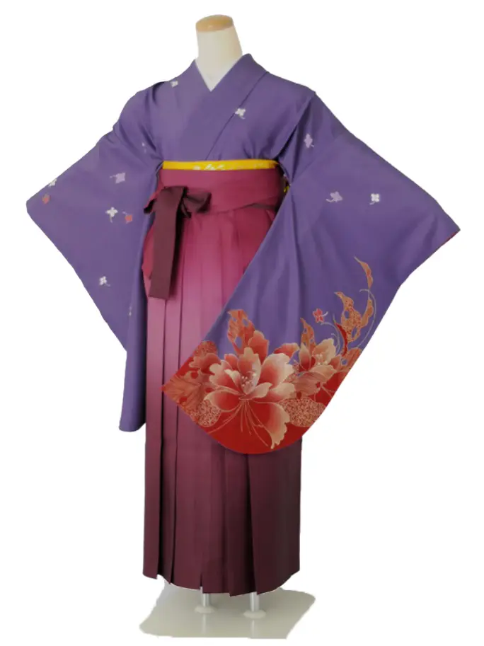 小学生卒業式袴女児 小紋小振袖パープル×ワインぼかし N053