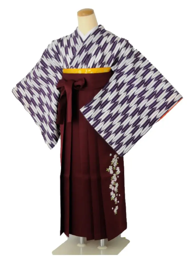 小学生卒業式袴女児 矢絣パープル×ワイン桜刺繍 N055