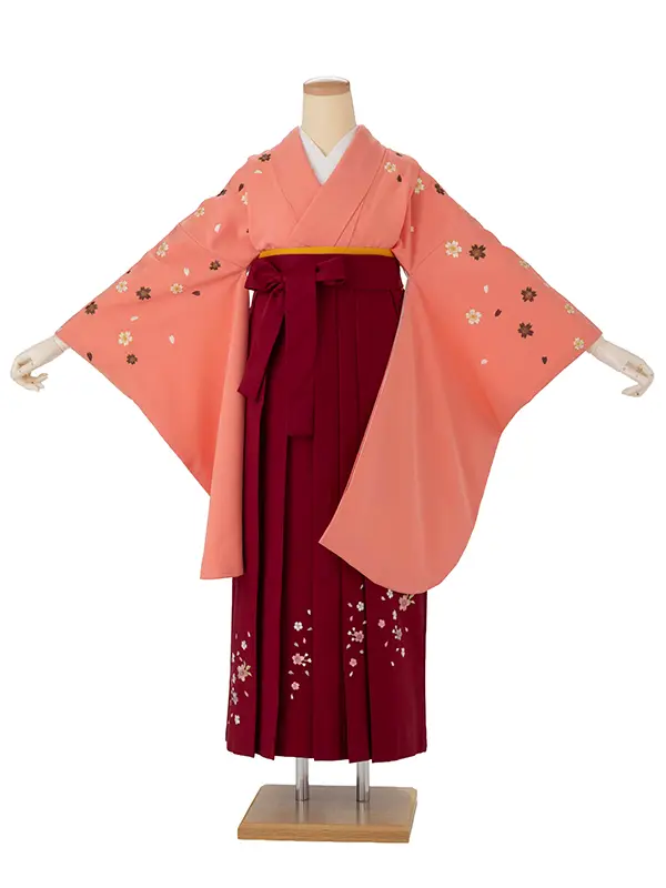 小学生卒業式袴女児 桜子振袖ピンク×エンジ無地桜刺繍 N058