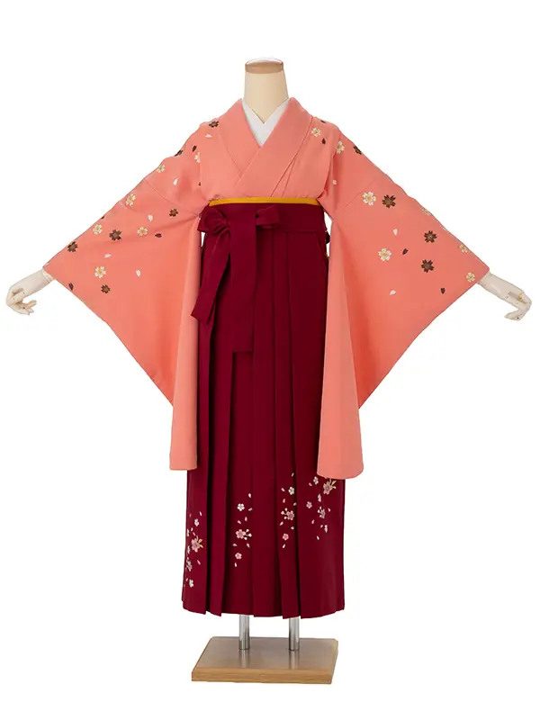 小学生卒業式袴女児 桜子振袖ピンク×エンジ無地桜刺繍 N058