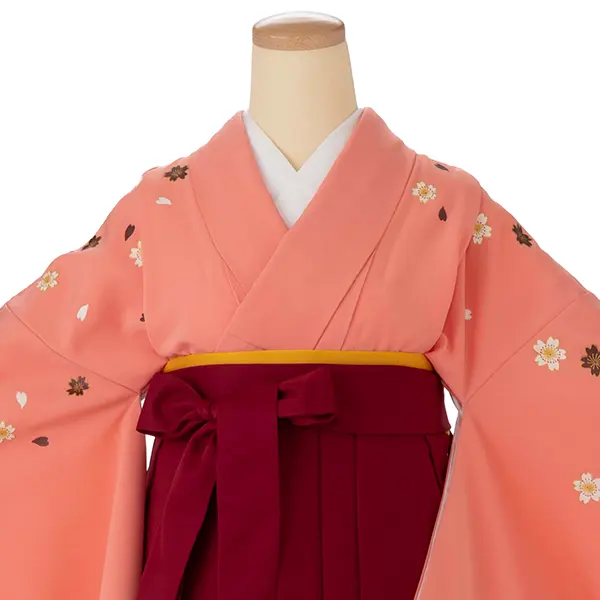 小学生卒業式袴女児 桜子振袖ピンク×エンジ無地桜刺繍 N058