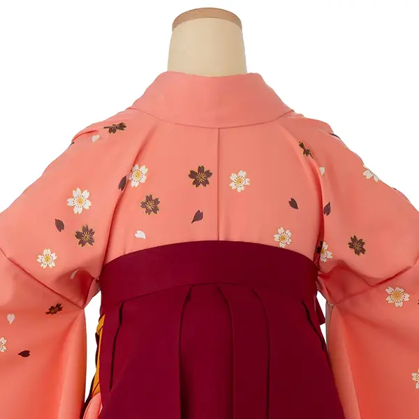 小学生卒業式袴女児 桜子振袖ピンク×エンジ無地桜刺繍 N058