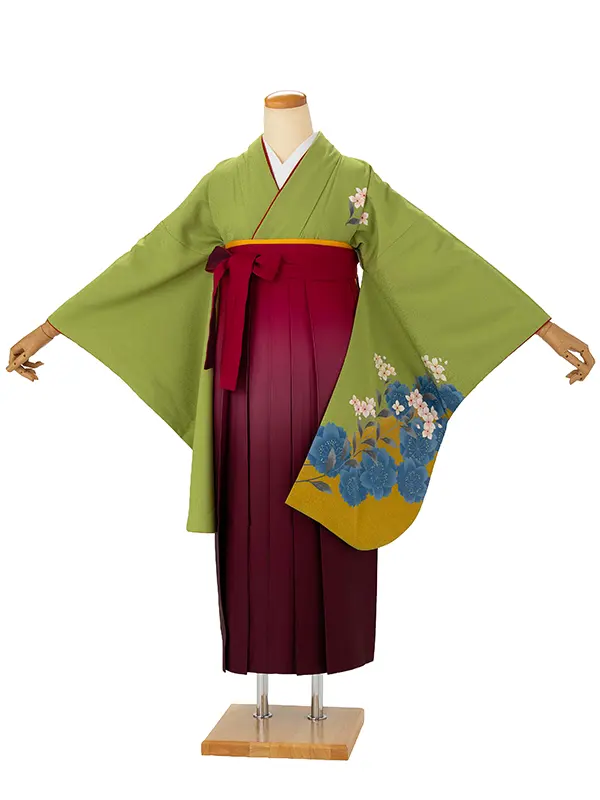 小学生卒業式袴女児 グリーン白花桜×レッドぼかし N059