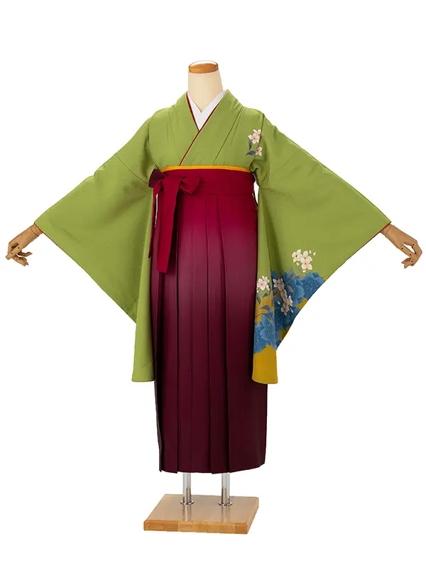 小学生卒業式袴女児 グリーン白花桜×レッドぼかし N059