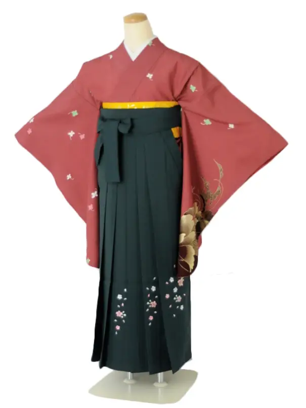 小学生卒業式袴女児c247小紋小振袖ワイン×グリーン無地桜刺繍