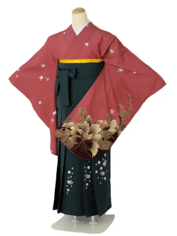 小学生卒業式袴女児 小紋小振袖ワイン×グリーン無地桜刺繍 N060