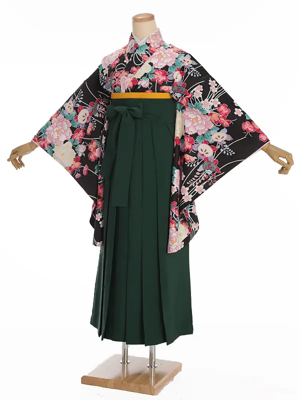 小学生卒業式袴レンタル 黒 牡丹に橘×緑袴 Z371