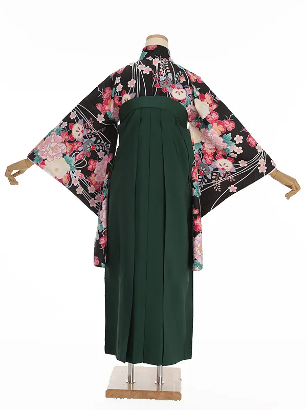 小学生卒業式袴レンタル 黒 牡丹に橘×緑袴 Z371