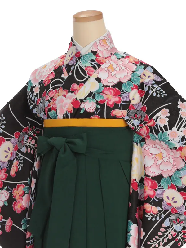 小学生卒業式袴レンタル 黒 牡丹に橘×緑袴 Z371