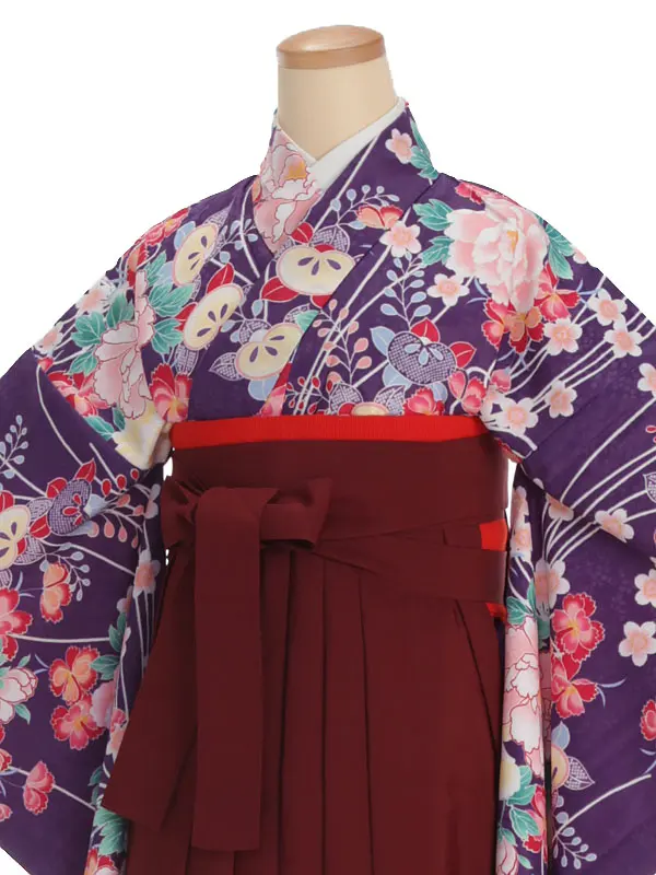 小学生卒業式袴レンタル 紫 牡丹に橘×えんじ袴 Z372
