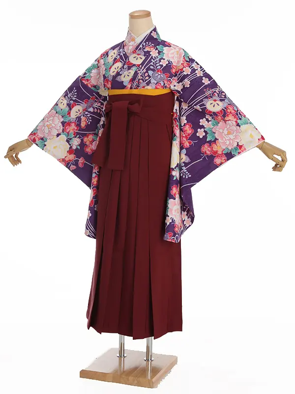 小学生卒業式袴レンタル 紫 牡丹に橘×えんじ袴 Z373