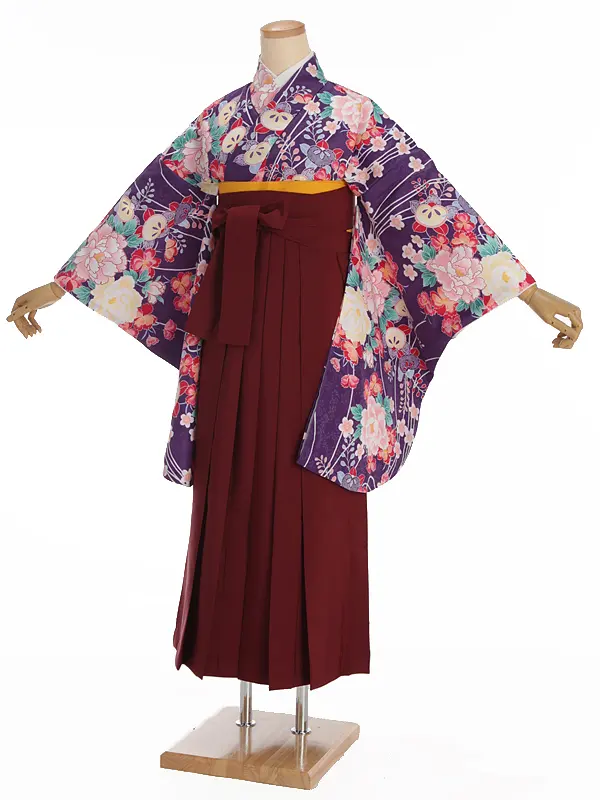 小学生卒業式袴レンタル 紫 牡丹に橘×えんじ袴 Z373