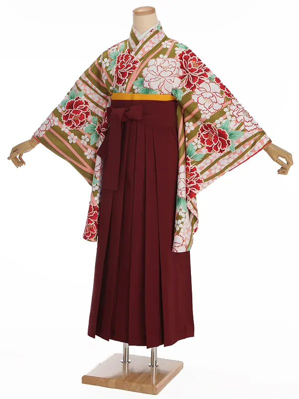 小学生卒業式袴レンタル 緑 牡丹×えんじ袴 Z374