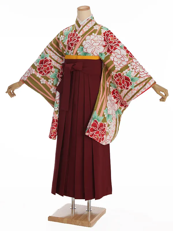 小学生卒業式袴レンタル 緑 牡丹×えんじ袴 Z374