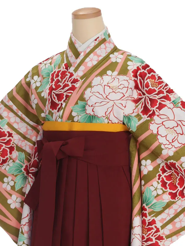 小学生卒業式袴レンタル 緑 牡丹×えんじ袴 Z374