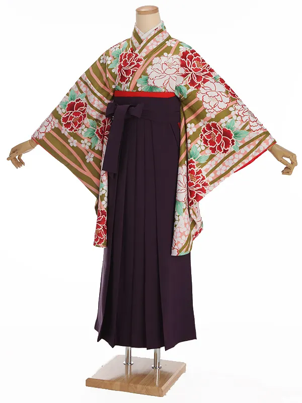 小学生卒業式袴レンタル 緑 牡丹×紫袴 Z375