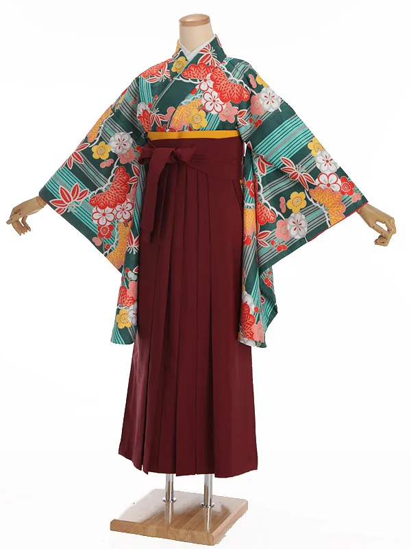 小学生卒業式袴レンタル 緑 松竹梅×えんじ袴 Z376