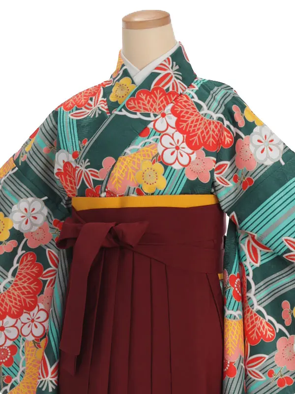 小学生卒業式袴レンタル 緑 松竹梅×えんじ袴 Z376