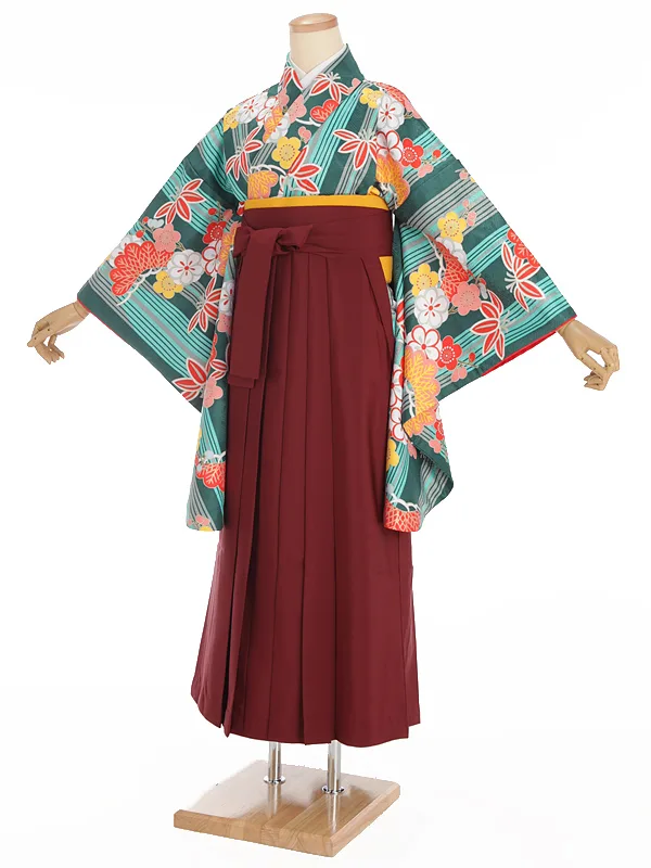 小学生卒業式袴レンタル 緑 松竹梅×えんじ袴 Z377