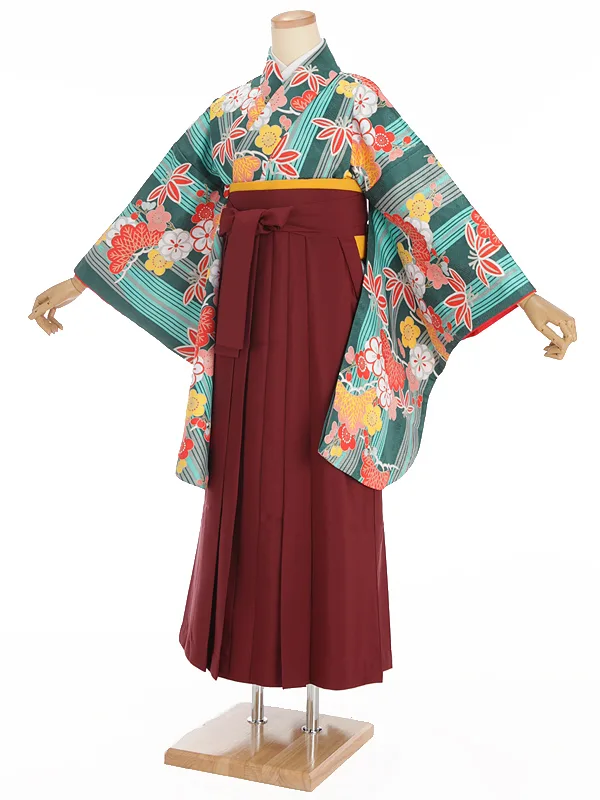 小学生卒業式袴レンタル 緑 松竹梅×えんじ袴 Z377