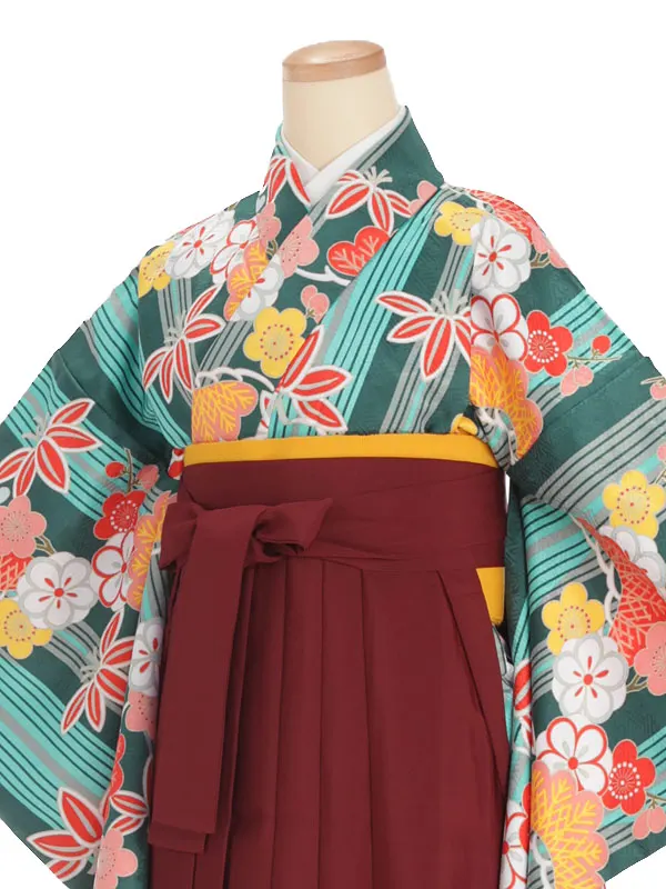 小学生卒業式袴レンタル 緑 松竹梅×えんじ袴 Z377