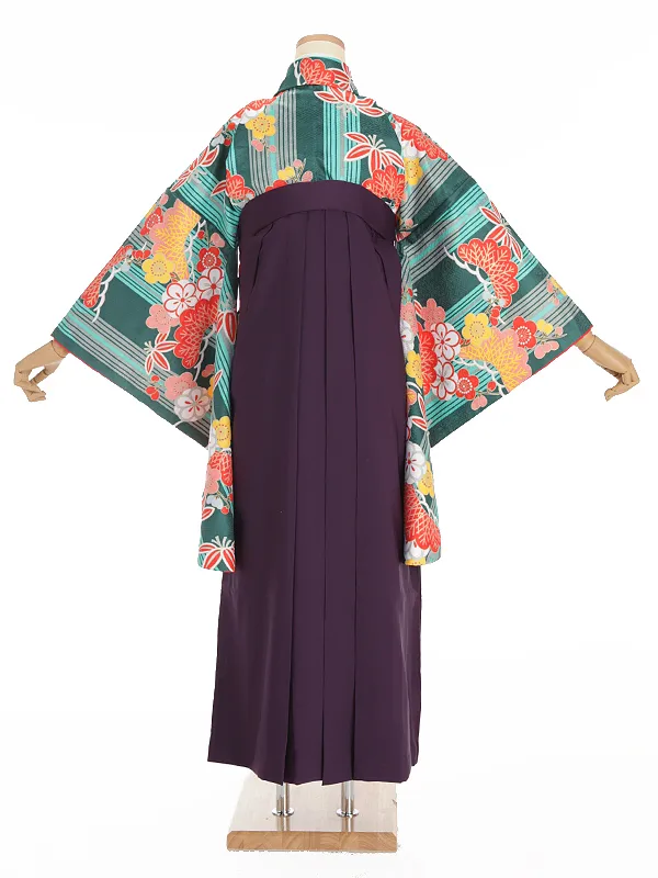 小学生卒業式袴レンタル 緑 松竹梅×紫袴 Z378