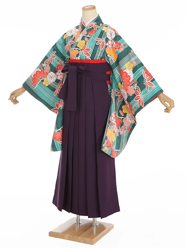 小学生卒業式袴レンタル 緑 松竹梅×紫袴 Z378