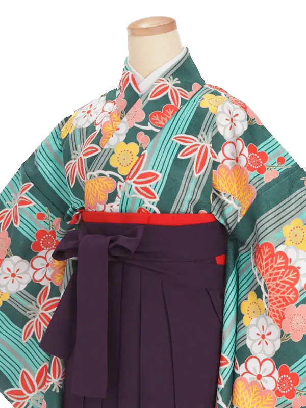 小学生卒業式袴レンタル 緑 松竹梅×紫袴 Z378