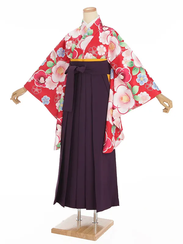 小学生卒業式袴レンタル 赤 椿に桜×紫袴 Z379