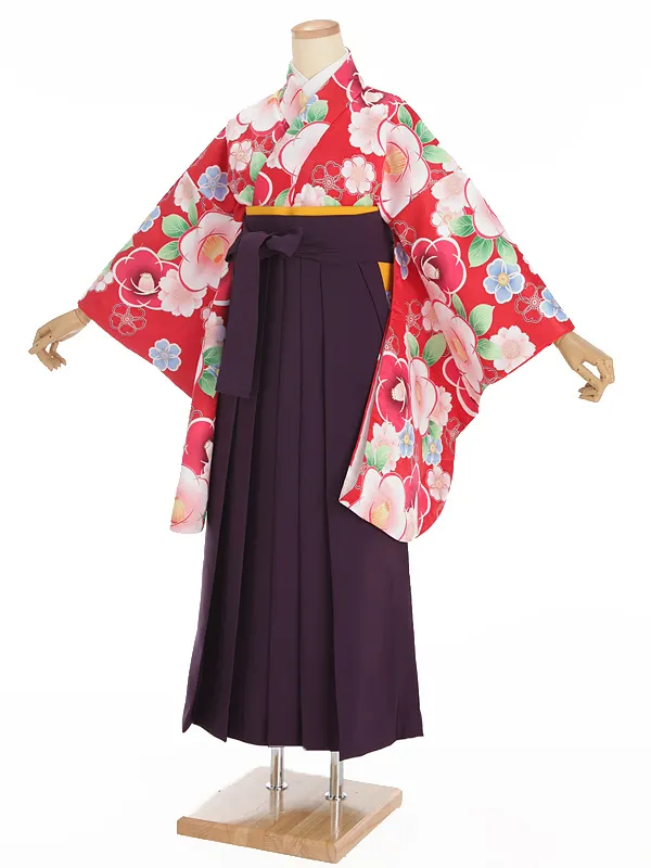 小学生卒業式袴レンタル 赤 椿に桜×紫袴 Z379