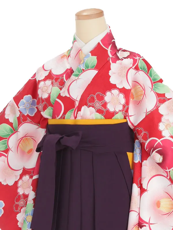 小学生卒業式袴レンタル 赤 椿に桜×紫袴 Z379