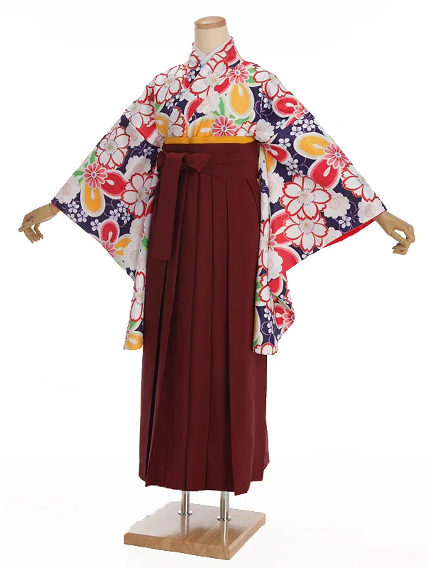 小学生卒業式袴レンタル 青 桜×えんじ袴 Z380
