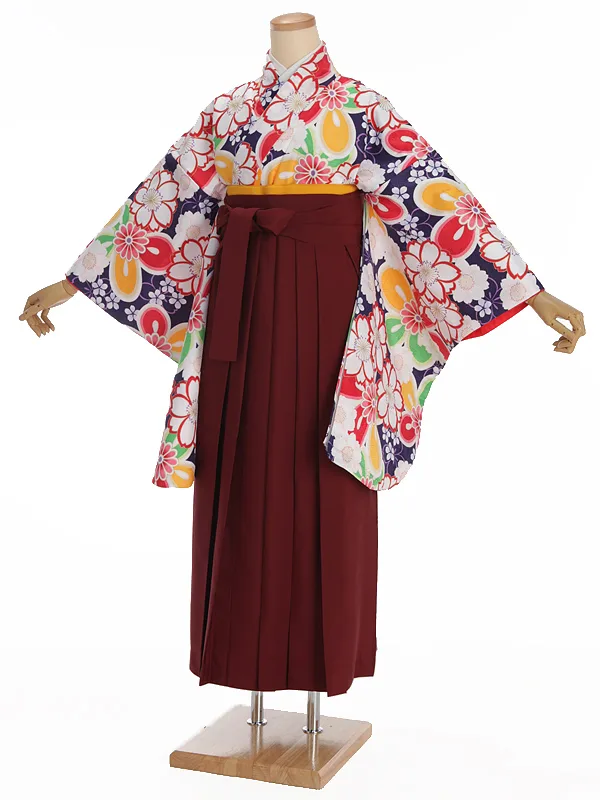 小学生卒業式袴レンタル 青 桜×えんじ袴 Z380