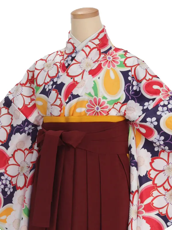 小学生卒業式袴レンタル 青 桜×えんじ袴 Z380