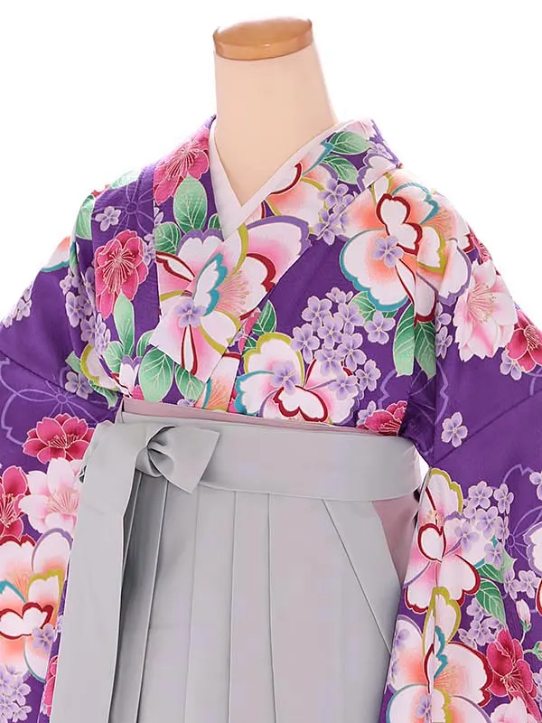 小学生卒業式袴レンタル 紫 桜×グレー袴 Z382