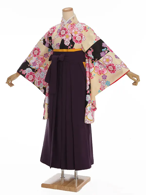 小学生卒業式袴レンタル ベージュ 桜×紫袴 Z383