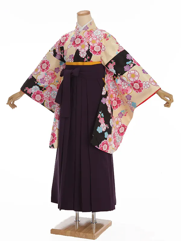 小学生卒業式袴レンタル ベージュ 桜×紫袴 Z383