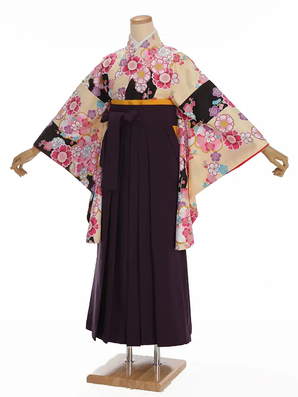 小学生卒業式袴レンタル ベージュ 桜×紫袴 Z384
