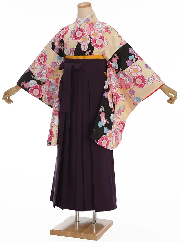 小学生卒業式袴レンタル ベージュ 桜×紫袴 Z384