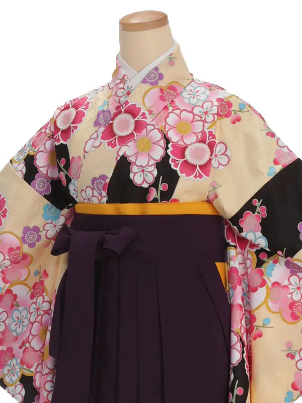 小学生卒業式袴レンタル ベージュ 桜×紫袴 Z384