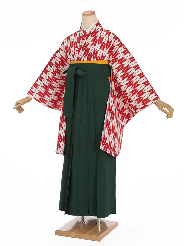 小学生卒業式袴レンタル 赤 矢羽×緑袴 Z388