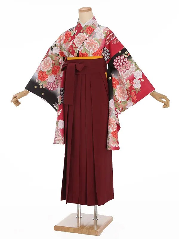 小学生卒業式袴レンタル 赤 八重桜×えんじ袴 Z390