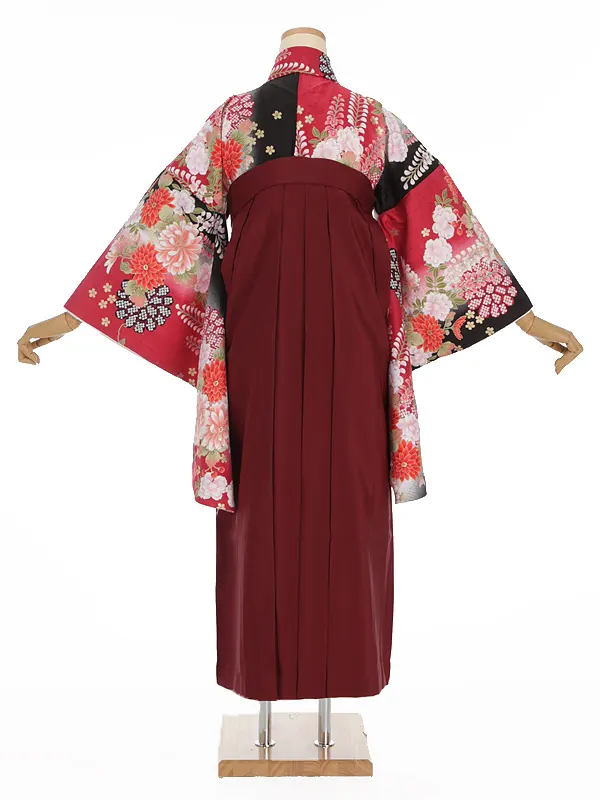 小学生卒業式袴レンタル 赤 八重桜×えんじ袴 Z390