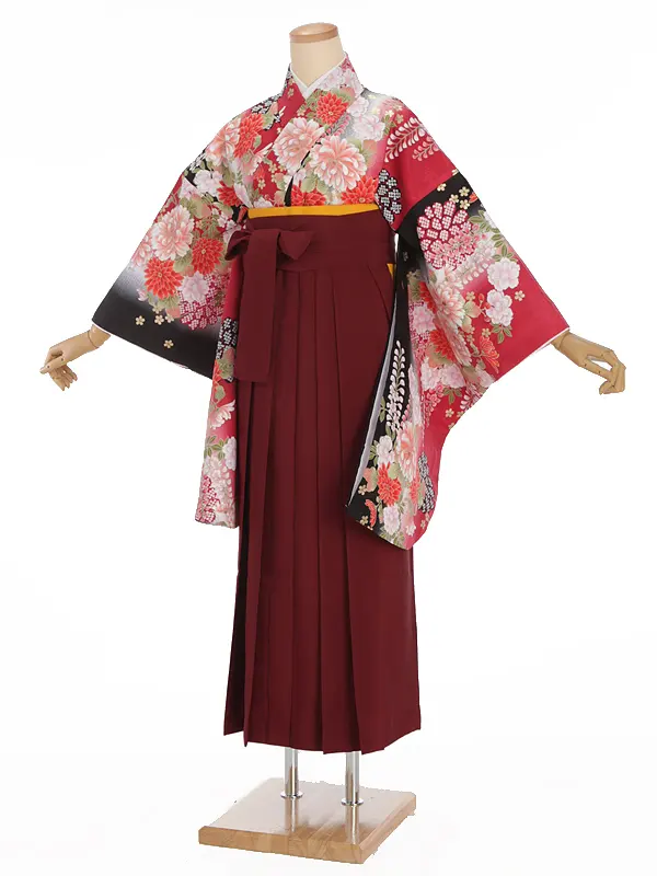 小学生卒業式袴レンタル 赤 八重桜×えんじ袴 Z390