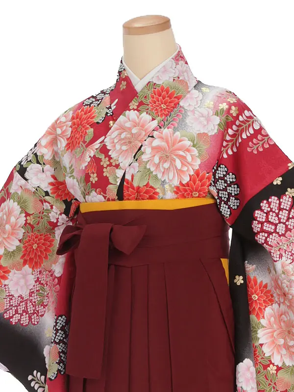 小学生卒業式袴レンタル 赤 八重桜×えんじ袴 Z390