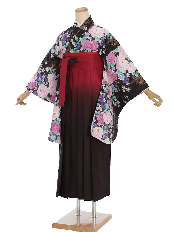 小学生卒業式袴レンタル 黒 芍薬×赤黒ぼかし袴 Z391