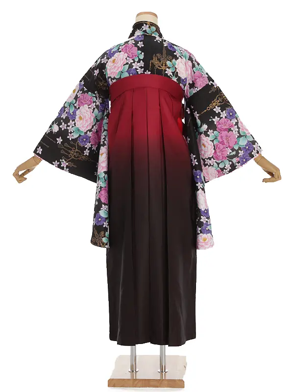 小学生卒業式袴レンタル 黒 芍薬×赤黒ぼかし袴 Z391