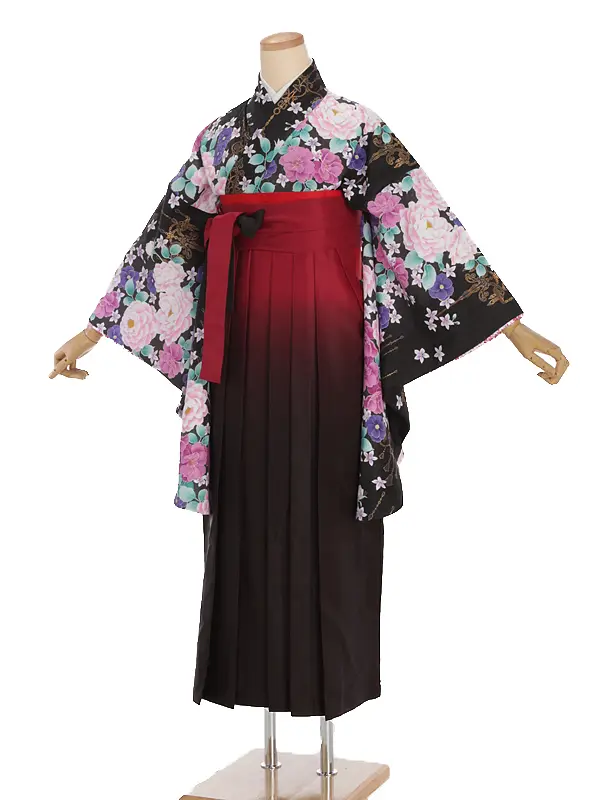 小学生卒業式袴レンタル 黒 芍薬×赤黒ぼかし袴 Z391